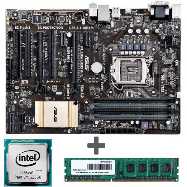 Asus B85-PLUS/USB 3.1 Motherboard with Intel G3260 CPU with Patriot 4GB DDR3 1600MHZ RAM، مادربرد ایسوس مدل B85-PLUS/USB 3.1 به همراه پردازنده اینتل مدل G3260 و رم DDR3 1600MHZ پاتریوت با ظرفیت 4 گیگابایت