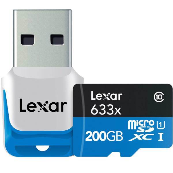 Lexar High-Performance UHS-I U1 Class 10 95MBps microSDXC With USB 3.0 Reader - 200GB، کارت حافظه microSDXC لکسار مدل High-Performance کلاس 10 استاندارد UHS-I U1 سرعت 95MBps به همراه کارتخوان USB 3.0 ظرفیت 200 گیگابایت