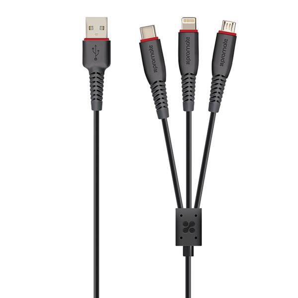 Promate FlexLink-Trio USB To Lightning/microUSB/USB-C Cable 1.2m، کابل تبدیل USB به لایتنینگ/microUSB/USB-C پرومیت مدل FlexLink-Trio طول 1.2 متر