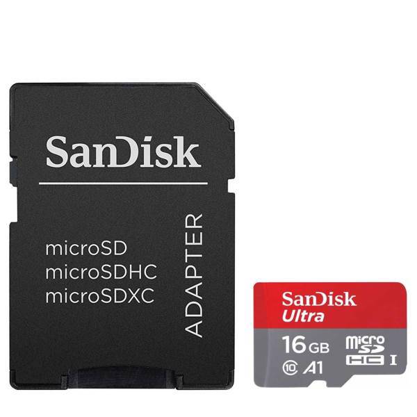 Sandisk Ultra A1 UHS-I U1 Class 10 98MBps microSDHC Card With Adapter 16GB، کارت حافظه microSDHC سن دیسک مدل Ultra A1 کلاس 10 استاندارد UHS-I U1 سرعت 98MBps ظرفیت 16 گیگابایت به همراه آداپتور SD
