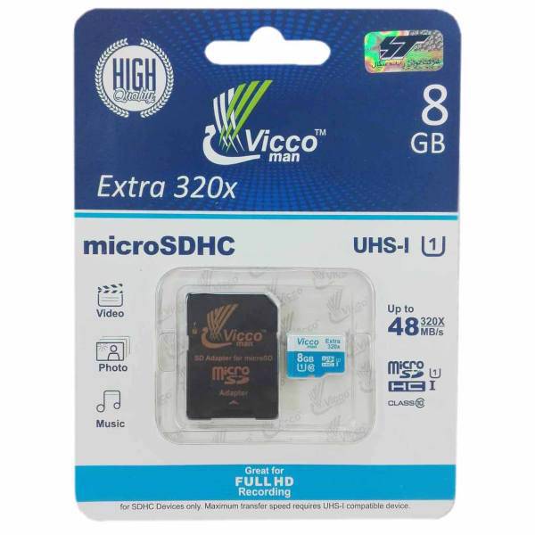 Vicco Man Extre 320X UHS-I U1 Class 10 48MBps microSDHC Card With Adapter 8GB، کارت حافظه microSDHC ویکو من مدل Extre 320X کلاس 10 استاندارد UHS-I U1 سرعت 48MBps ظرفیت 8 گیگابایت همراه با آداپتور SD