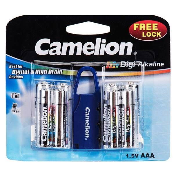 Camelion Digi Alkaline Battery Pack Of 8 With Free Lock، باتری کملیون مدل Digi Alkaline بسته 8 عددی به همراه یک قفل رمزی