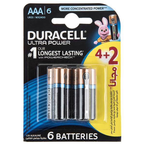 Duracell Ultra Power Duralock With Power Check AAA Battery Pack Of 4 Plus 2، باتری نیم قلمی دوراسل مدل Ultra Power Duralock With Power Check بسته 2 + 4 عددی