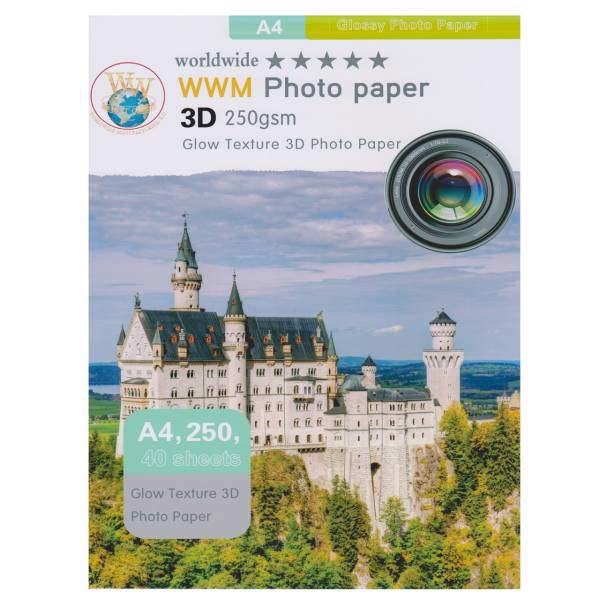 WorldWide 3D G250 Photo Paper A4 Pack Of 40، کاغذ عکس دابلیو دابلیو ام سه بعدی دورو مدل 250g مدل Glow سایز A4 بسته 40 عددی