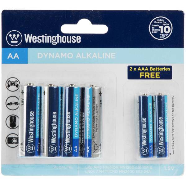 Westinghouse Dynamo Alkaline AA and AAA Battery Pack of 6، باتری قلمی و نیم قلمی وستینگهاوس مدل Dynamo Alkaline بسته 6 عددی