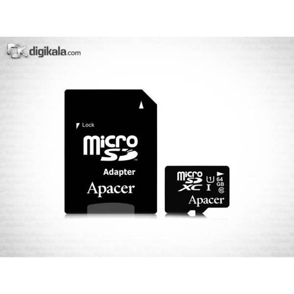 Apacer microSDXC UHS-I Class10 - 64GB، کارت حافظه‌ی میکرو SD اپیسر UHS-I کلاس 10 - 64 گیگابایت با آداپتور