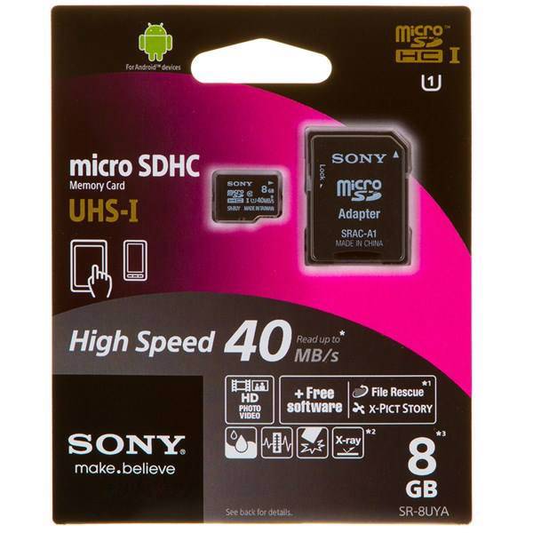 Sony SR-8UYA UHS-I U1 Class 10 40MBps microSDHC With Adapter - 8GB، کارت حافظه microSDHC سونی مدل SR-8UYA کلاس 10 استاندارد UHS-I U1 سرعت 40MBps به همراه آداپتور SD ظرفیت 8 گیگابایت