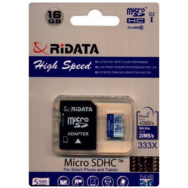 RiData High Speed UHS-I U1 Class 10 45MBps 333X microSDHC With Adapter- 16GB، کارت حافظه microSDHC ری دیتا مدل High Speed کلاس 10 استاندارد UHS-I U1 سرعت 45MBps 333X ظرفیت 16 گیگابایت