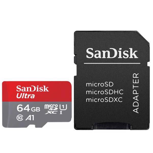 Sandisk Ultra UHS-I U1 Class 10 And A1 100MBps 667X microSDXC With Adapter 64GB، کارت حافظه microSDXC سن دیسک مدل Ultra کلاس10 و A1 استاندارد UHS-I U1 سرعت 100MBps 667X همراه با آداپتور SD ظرفیت 64 گیگابایت