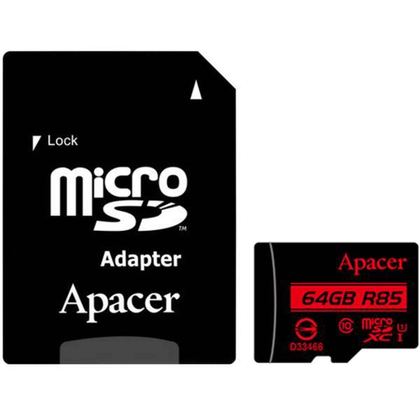 Apacer UHS-I U1 Class 10 85MBps microSDXC With Adapter - 64GB، کارت حافظه microSDXC اپیسر کلاس 10 استاندارد UHS-I U1 سرعت 85MBps همراه با آداپتور SD ظرفیت 64 گیگابایت