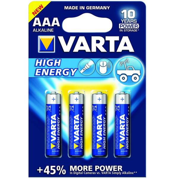 Varta High Energy Alkaline LR03AAA Batteryack of 4، باتری نیم قلمی وارتا مدل High Energy Alkaline LR03AAA بسته 4 عددی