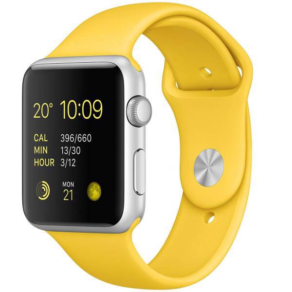 Apple Watch 42mm Silver Aluminium Case With Yellow Sport Band، ساعت هوشمند اپل واچ مدل 42mm Silver Aluminium Case With Yellow Sport Band