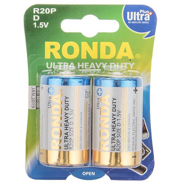 Ronda Ultra Plus Ultra Heavy Duty D Battery Pack Of 2، باتری سایز بزرگ روندا مدل Ultra Plus Ultra Heavy Duty بسته 2 عددی
