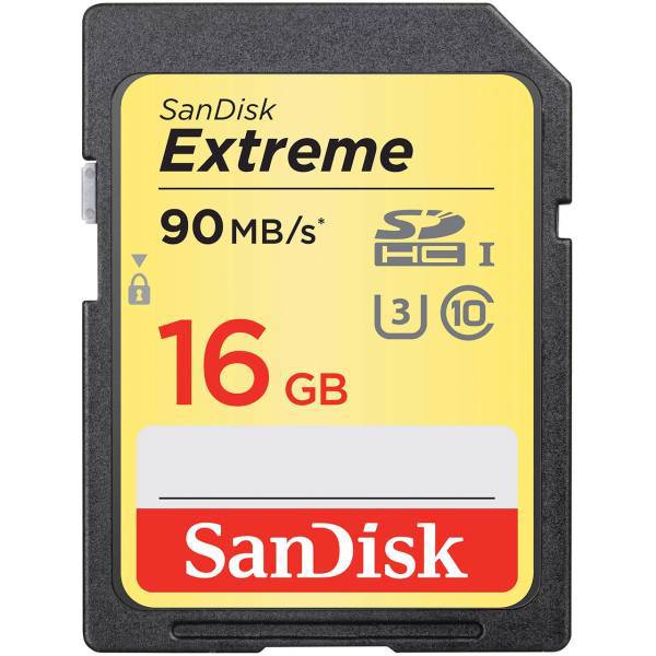 Sandisk Extreme Class 10 UHS-I U3 600X 90MBps SDHC - 16GB، کارت حافظه SDHC سن دیسک مدل Extreme کلاس 10 استاندارد UHS-I U3 سرعت 90MBps 600X ظرفیت 16 گیگابایت