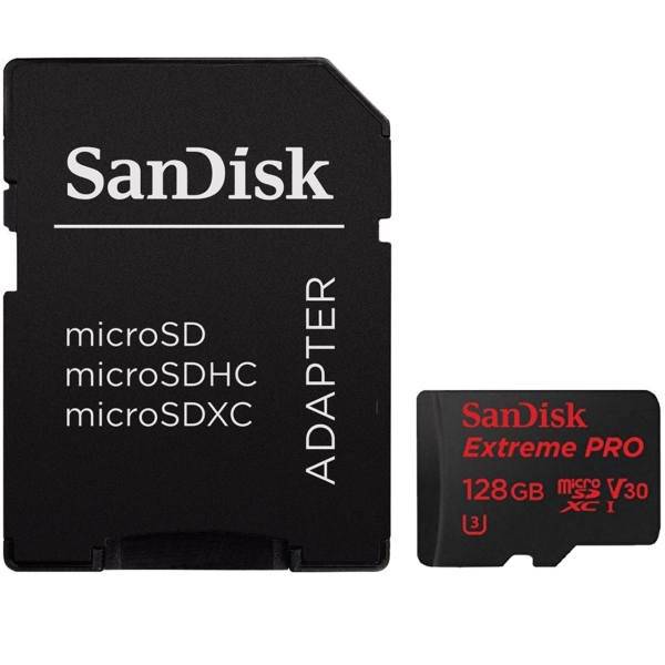 SanDisk Extreme Pro V30 UHS-I U3 Class 10 95MBps 633X microSDXC With Adapter - 128GB، کارت حافظه microSDXC سن دیسک مدل Extreme Pro V30 کلاس 10 استاندارد UHS-I U3 سرعت 95MBps 633X همراه با آداپتور SD ظرفیت 128 گیگابایت