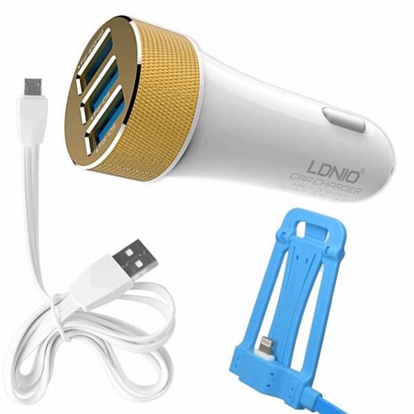 LDNIO DL-C50 Car Charger With microUSB Cable And Lightning Stand، شارژر فندکی الدینیو مدل DL-C50 همراه با کابل microUSB و پایه شارژ لایتینگ