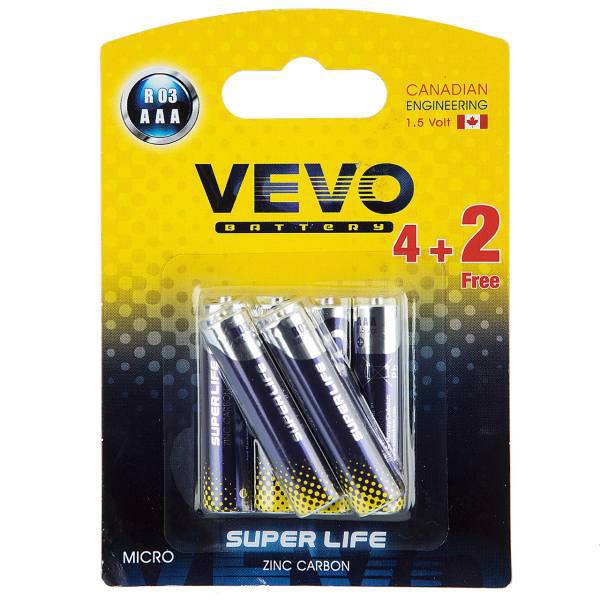 VEVO Super Life R03 AAA Battery Pack of 6، باتری نیم قلمی ویوو مدل Super Life R03 بسته 6 عددی