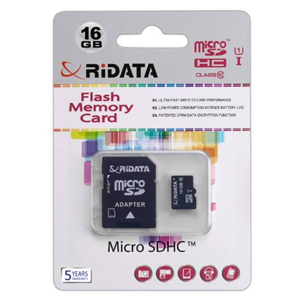 RiData High Speed UHS-I U1 Class 10 microSDHC With Adapter - 16GB، کارت حافظه microSDHC ری دیتا مدل High Speed کلاس 10 استاندارد UHS-I U1 به همراه آداپتور SD ظرفیت 16 گیگابایت