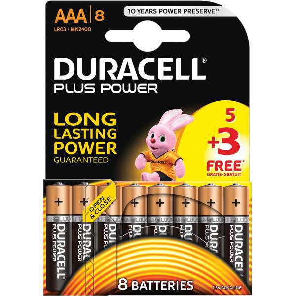 Duracell Plus Power Duralock AAA Battery Pack Of 5 Plus 3، باتری نیم قلمی دوراسل مدل Plus Power Duralock بسته 5 + 3 عددی