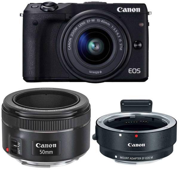 Canon EOS M3 Kit Mirrorless With 15-45mm EF-M And EF 50mm f/1.8 STM Digital Camera And Canon Mount Adapter EF-EOS M Lens Adapter، دوربین دیجیتال بدون آینه کانن مدل EOS M3 به همراه لنز 45-15 EF-M و EF 50mm f/1.8 STM میلی متر و آداپتور لنز کانن Mount Adapter EF-EOS M