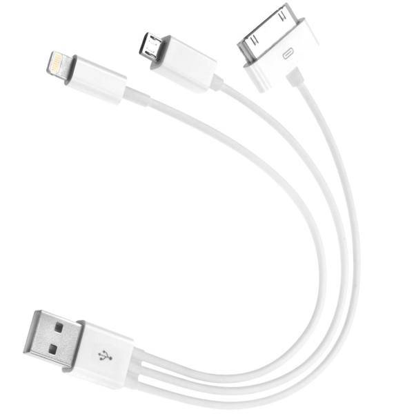 Three in One USB To microUSB And Lightning Cable 20cm، کابل سه شاخه کوتاه USB به microUSB، لایتنینگ و 30-پین مدل Three in One به طول 20 سانتی متر