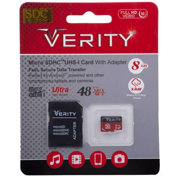 Verity UHS-I U1 Class 10 48MBps microSDHC With Adapter 8GB، کارت حافظه microSDHC وریتی کلاس 10 استاندارد UHS-I U1 سرعت 48MBps همراه با آداپتور SD ظرفیت 8 گیگابایت