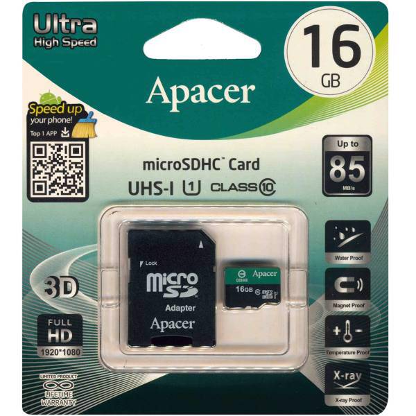 Apacer Color UHS-I U1 Class 10 85MBps microSDHC With Adapter - 16GB، کارت حافظه اپیسر مدل Color Ultra High Speed کلاس 10 استاندارد UHS-I U1 سرعت 85MBps همراه با آداپتور SD ظرفیت 16 گیگابایت