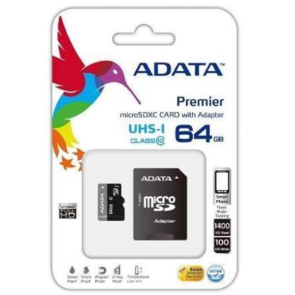 Adata Premier UHS-I U1 Class 10 microSDXC With Adapter - 64GB، کارت حافظه‌ microSDXC ای دیتا مدل Premier کلاس 10 استاندارد UHS-I U1 به همراه آداپتور SD ظرفیت 64 گیگابایت