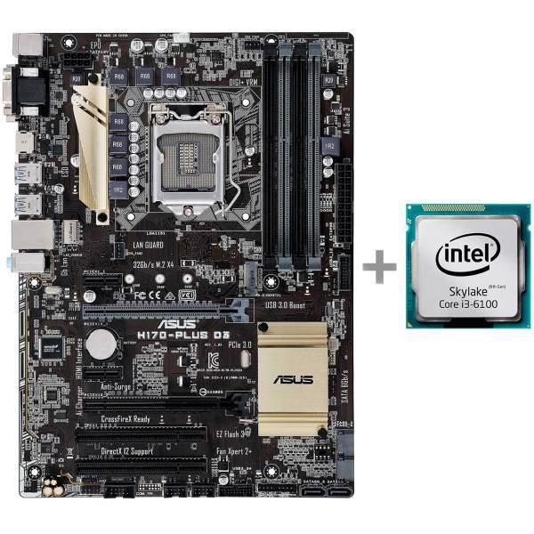 ASUS H170-PLUS D3 Motherboard with Intel Core i3-6100 CPU، مادربرد ایسوس مدل H170-PLUS D3 به همراه پردازنده مرکزی اینتل مدل Core i3-6100