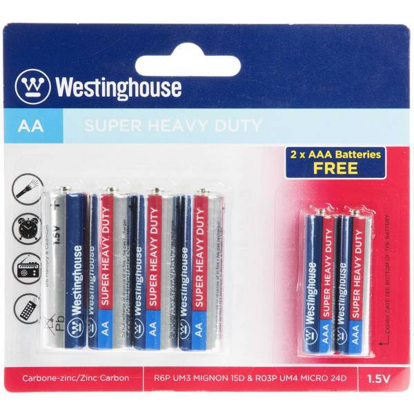 Westinghouse Super Heavy Duty AA and AAA Battery Pack of 6، باتری قلمی و نیم قلمی وستینگهاوس مدل Super Heavy Duty بسته 6 عددی