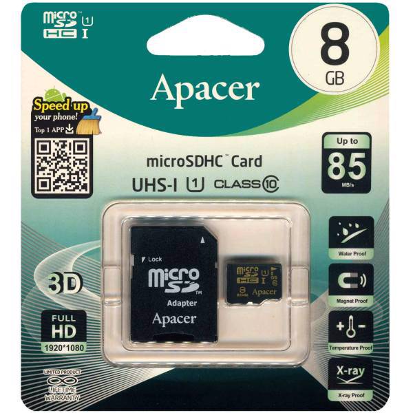 Apacer UHS-I U1 Class 10 85MBps microSDHC With Adapter - 8GB، کارت حافظه microSDHC اپیسر کلاس 10 استاندارد UHS-I U1 سرعت 85MBps همراه با آداپتور SD ظرفیت 8 گیگابایت