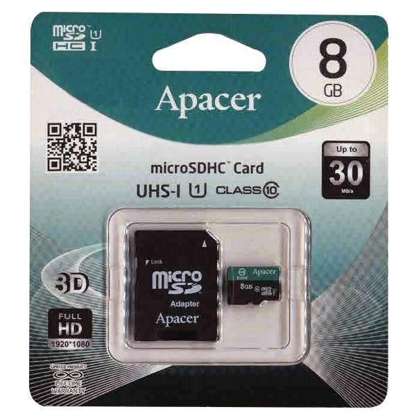 Apacer Color UHS-I U1 Class 10 30MBps microSDHC With Adapter - 8GB، کارت حافظه microSDHC اپیسر مدل Color کلاس 10 استاندارد UHS-I U1 سرعت 30MBps به همراه آداپتور SD ظرفیت 8 گیگابایت