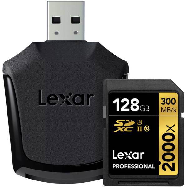 Lexar Professional UHS-II U3 Class 10 2000X SDXC With UHS-II Reader - 128GB، کارت حافظه SDXC لکسار مدل Professional کلاس 10 استاندارد UHS-II U3 سرعت 2000X به همراه ریدر UHS-II ظرفیت 128 گیگابایت