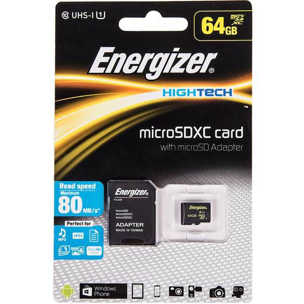Energizer Hightech UHS-I U1 Class 10 80MBps microSDXC With SD Adapter - 64GB، کارت حافظه microSDXC انرجایزر مدل Hightech کلاس 10 استاندارد UHS-I U1 سرعت 80MBps همراه با آداپتور SD ظرفیت 64 گیگابایت
