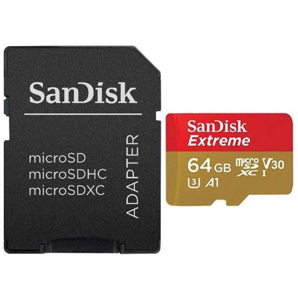 Sandisk Extreme V30 UHS-I U3 Class A1 100MBps 667X microSDXC With Adapter 64GB، کارت حافظه microSDXC سن دیسک مدل Extreme V30 کلاس A1 استاندارد UHS-I U3 سرعت 100MBps 667X همراه با آداپتور SD ظرفیت 64 گیگابایت