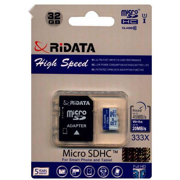RiData High Speed UHS-I U1 Class 10 45MBps 333X microSDHC With Adapter- 32GB، کارت حافظه microSDHC ری دیتا مدل High Speed کلاس 10استاندارد UHS-I U1 سرعت 45MBps 333X همراه با آداپتور SD ظرفیت 32 گیگابایت