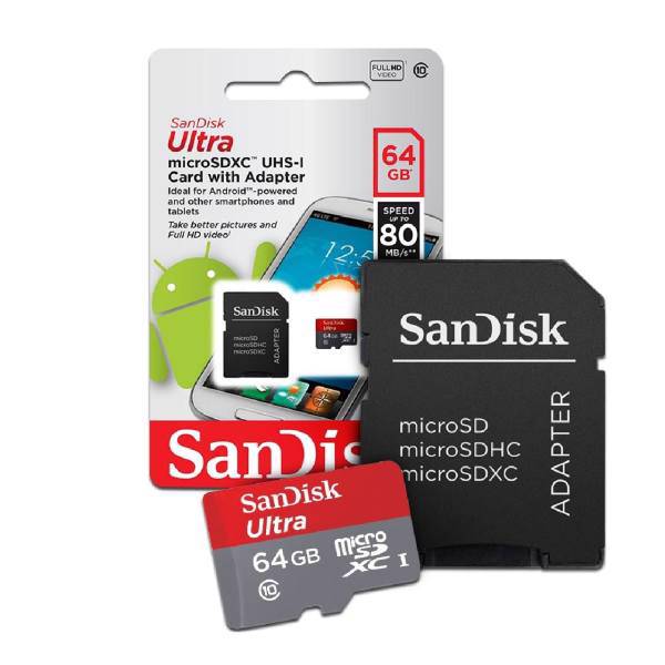 Sandisk Ultra UHS-I U1 Class 10 And A1 80MBps 320X microSDXC With Adapter 64GB، کارت حافظه microSDXC سن دیسک مدل Ultra کلاس10 و A1 استاندارد UHS-I U1 سرعت 80MBps 320X همراه با آداپتور SD ظرفیت 64 گیگابایت