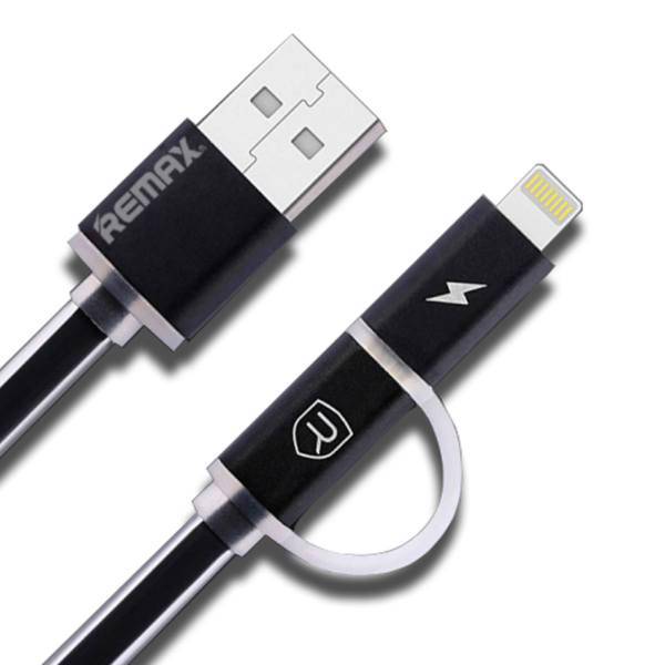 Remax DSPT-D14 2 In 1 Micro USB to USB Cable For Android And iPhone، کابل شارژ دوسر REMAX مدلDSPT-D14 مناسب برای شارژآیفون واندرویدبانشانگر اتمام شارژ