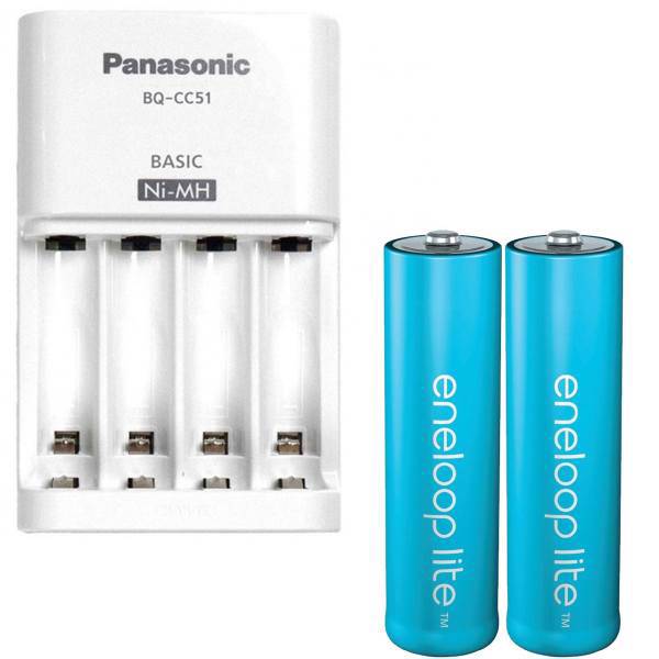 Panasonic Eneloop BQ-CC51S Battery Charger With Panasonic Eneloop Lite Rechargeable AA Battery Pack of 2، شارژر باتری پاناسونیک مدل Eneloop BQ-CC51S به همراه باتری قلمی قابل شارژ پاناسونیک مدل Eneloop Lite بسته 2 عددی