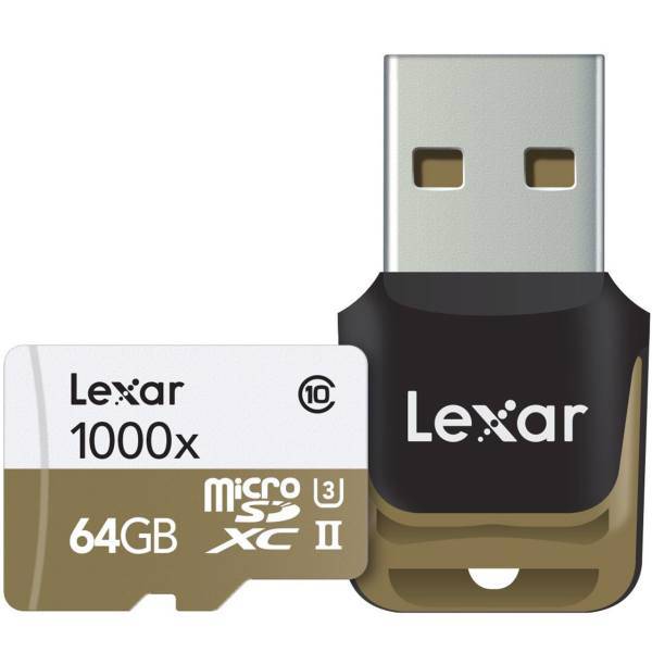 Lexar Professional UHS-II U3 Class 10 1000X microSDXC USB 3.0 Reader - 64GB، کارت حافظه microSDXC لکسار مدل Professional کلاس 10 استاندارد UHS-II U3 سرعت 1000X همراه با ریدر USB 3.0 ظرفیت 64 گیگابایت