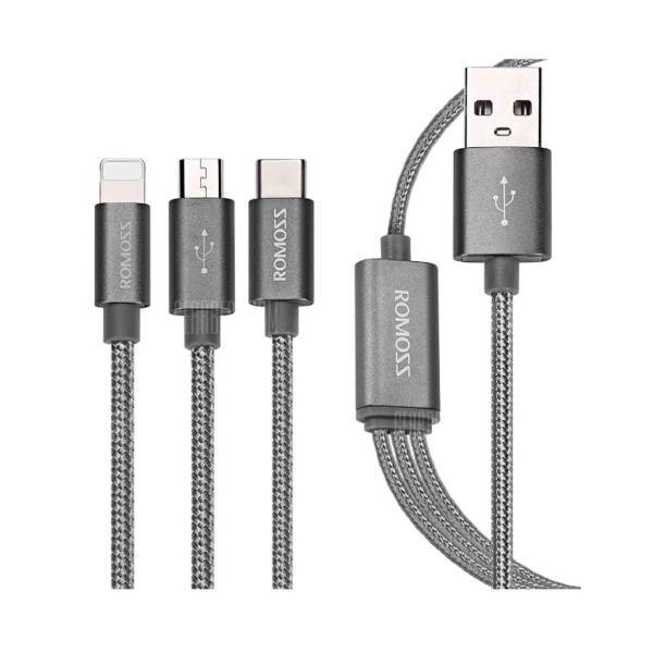 Romoss 3 In 1 USB To microUSB/Lightning/USB-C Cable 1.5 m، کابل تبدیل USB به microUSB/لایتنینگ/USB-C روموس مدل 3In1 به طول 1.5 متر