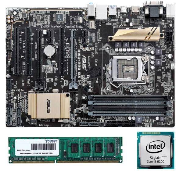 Asus B150-PRO D3 Motherboard with Intel 6100 CPU with Patriot 4GB DDR3 1600MHZ RAM، مادربرد ایسوس مدل B150-PRO D3 به همراه پردازنده اینتل مدل 6100 و رم DDR3 1600MHZ پاتریوت ظرفیت 4 گیگابایت