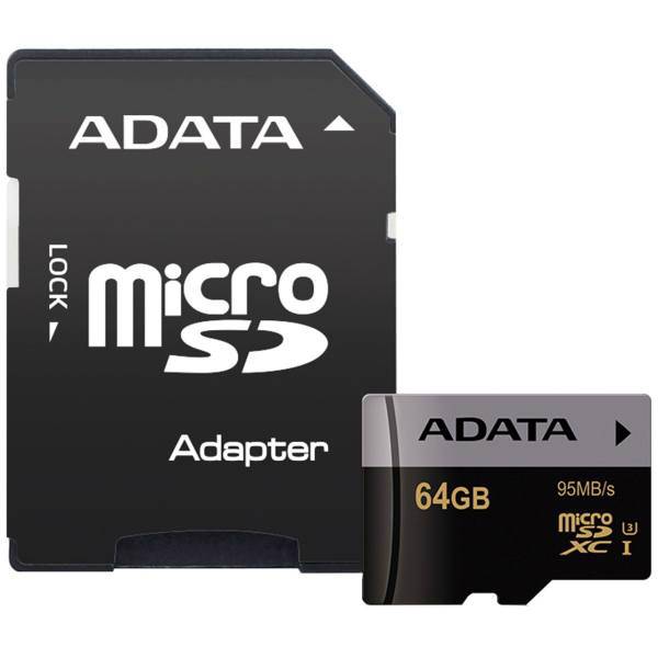 ADATA Premier Pro UHS-I U3 Class 10 95MBps microSDXC With Adapter - 64GB، کارت حافظه‌ microSDXC ای دیتا مدل Premier Pro کلاس 10 استاندارد UHS-I U3 سرعت 95MBps به همراه آداپتور SD ظرفیت 64 گیگابایت