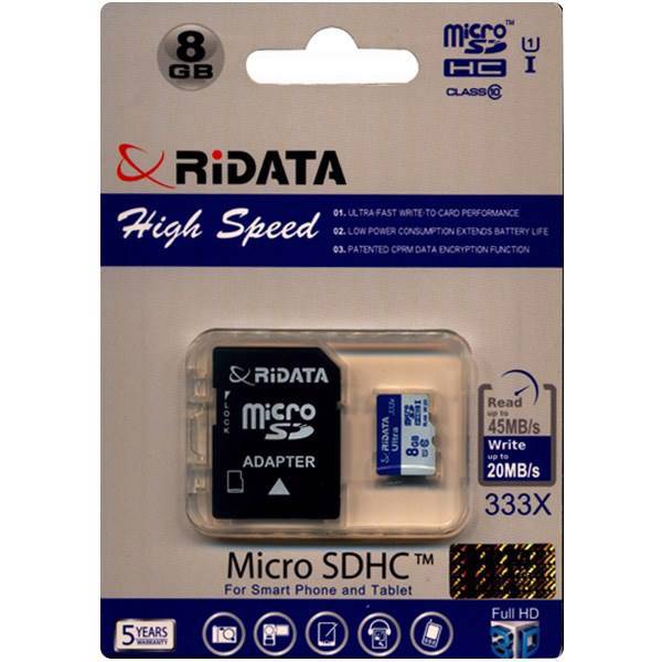 RiData High Speed UHS-I U1 Class 10 45MBps 333X microSDHC With Adapter - 8GB، کارت حافظه microSDHC ری دیتا مدل High Speed کلاس 10 استاندارد UHS-I U1 سرعت 45MBps 333X ظرفیت 8 گیگابایت