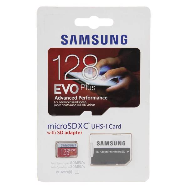 Samsung Evo Plus UHS-I U1 Class 10 80MBps microSDXC With Adapter 128GB، کارت حافظه microSDXC سامسونگ مدل Evo Plus کلاس 10 استاندارد UHS-I U1 سرعت 80MBps همراه با آداپتور ظرفیت 128 گیگابایت