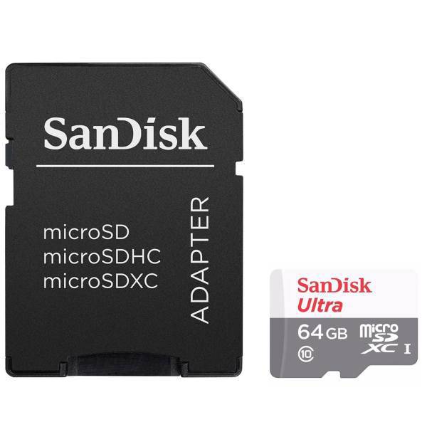 Sandisk Ultra UHS-I U1 Class 10 48MBps 320X microSDXC With Adapter - 64GB، کارت حافظه microSDXC سن دیسک مدل Ultra کلاس 10 استاندارد UHS-I U1 سرعت 48MBps 320X همراه با آداپتور SD ظرفیت 64 گیگابایت