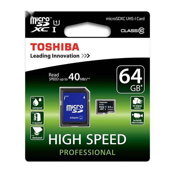 Toshiba High Speed Professional UHS-I U1 Class 10 40MBps microSDXC With Adapter - 64GB، کارت حافظه توشیبا مدل High Speed Professional کلاس 10 استاندارد UHS-I U1 سرعت 40MBps به همراه آداپتور SD ظرفیت 64 گیگابایت