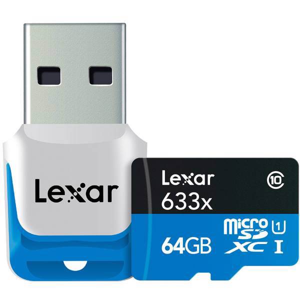 Lexar High-Performance UHS-I U1 Class 10 633X microSDXC With USB 3.0 Reader - 64GB، کارت حافظه microSDXC لکسار مدل High-Performance کلاس 10 استاندارد UHS-I U1 سرعت 633X همراه با ریدر USB 3.0 ظرفیت 64 گیگابایت