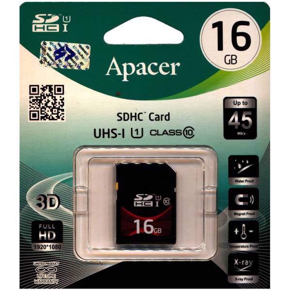 Apacer UHS-I U1 Class 10 45MBps SDHC - 16GB، کارت حافظه SDHC اپیسر کلاس 10 استاندارد UHS-I U1 سرعت 45MBps ظرفیت 16 گیگابایت