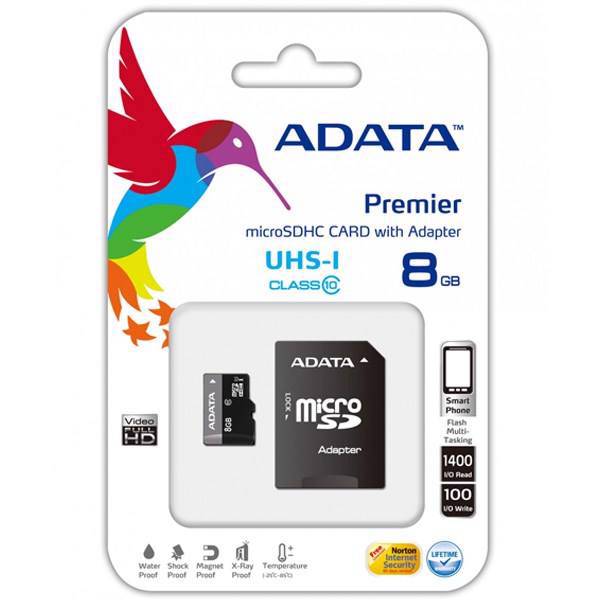 Adata Premier microSDHC 8GB UHS-I U1 30MBs With Adapter، کارت حافظه ای دیتا Premier microSDHC 8GB UHS-I U1 30MBs With Adapter